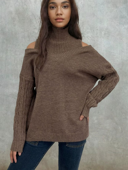 Women’s Knitted Sweater – Off-Shoulder – Lantern Sleeve – Cable Knit – Relaxed Fit