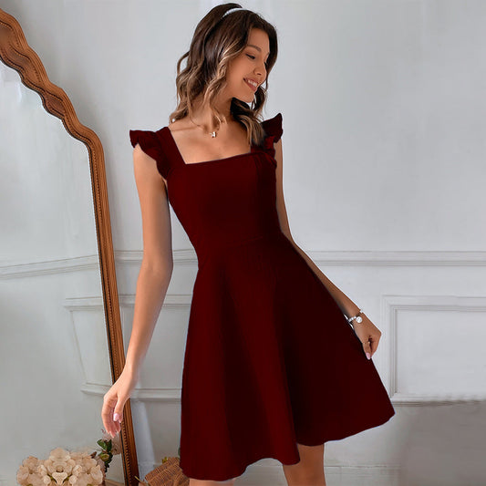 Women’s Mini Dress – Fit and Flare – Ruffled Straps – Square Neck – Lightweight Cotton