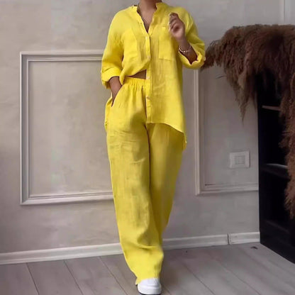Women’s Shirt and Trousers Set – Linen Blend – Relaxed Fit – Wide Leg – Button Down Top