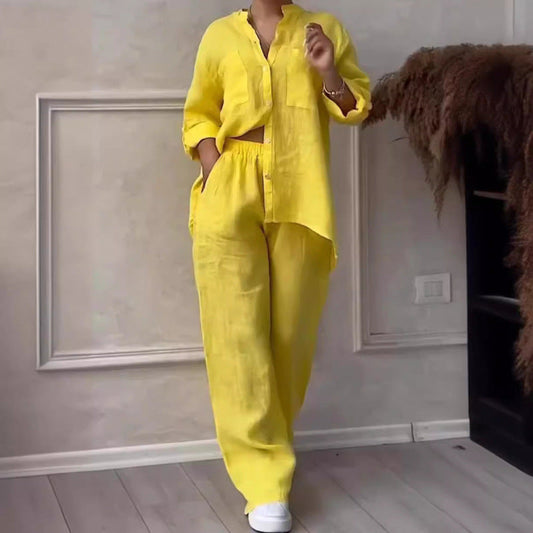 Women’s Shirt and Trousers Set – Linen Blend – Relaxed Fit – Wide Leg – Button Down Top