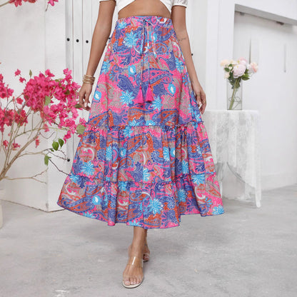 Women’s Maxi Skirt – Lightweight Cotton Blend – Tiered Boho Design – Drawstring Waist