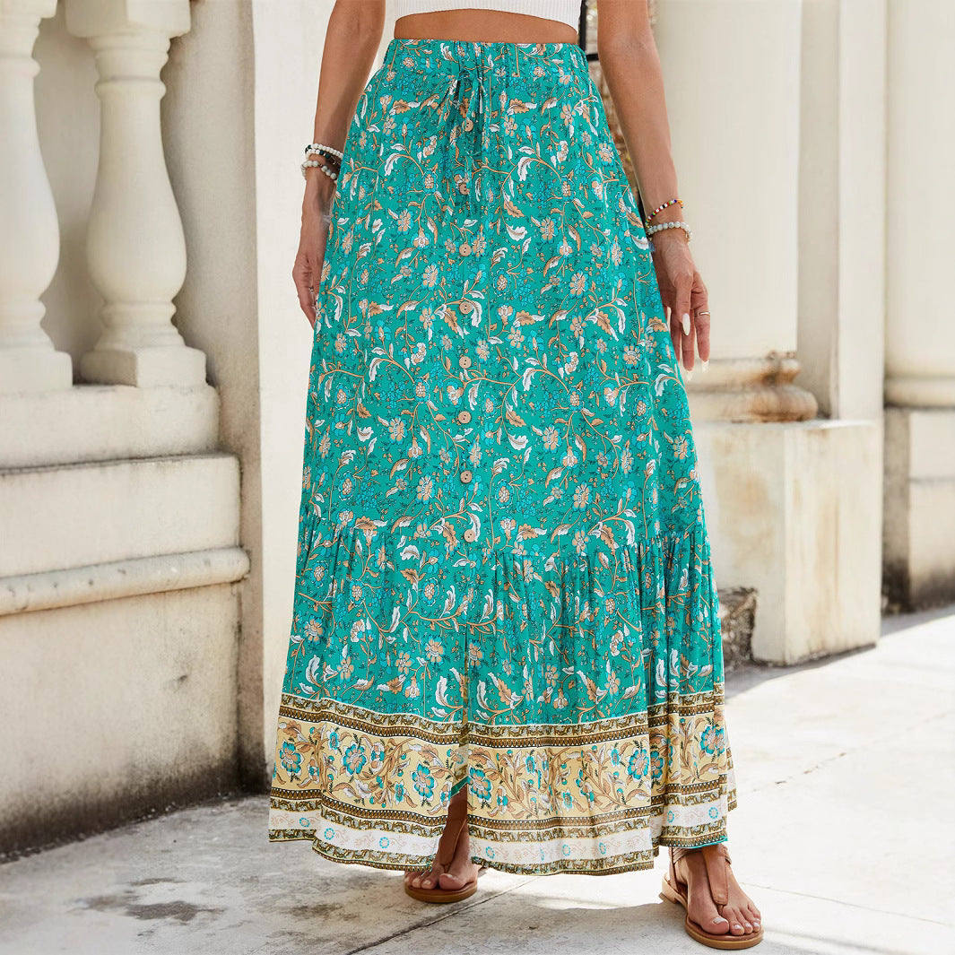 Women’s Maxi Skirt – Relaxed Flowy Fit – Tiered Boho Style – Floral Print – Natural Fibers