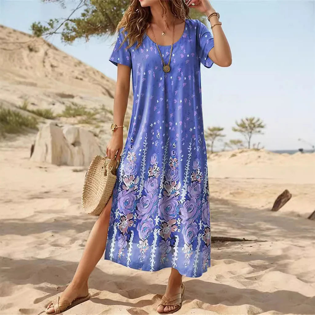 Women’s Midi Dress – Relaxed Fit – Cotton – Short Sleeve – Floral Print – Round Neckline