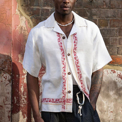 Men’s Short Sleeve Shirt – Relaxed Fit – Linen Blend – Embroidered Casual Button-Up