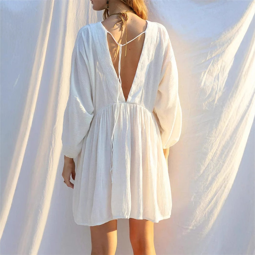 Women’s Mini Dress – Flowy Fit – Sheer Lightweight Fabric – V-Neck – Long Sleeve Casual