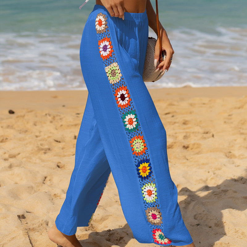 Women’s Flared Trousers – Relaxed Fit – Side Crochet Detail – Cotton