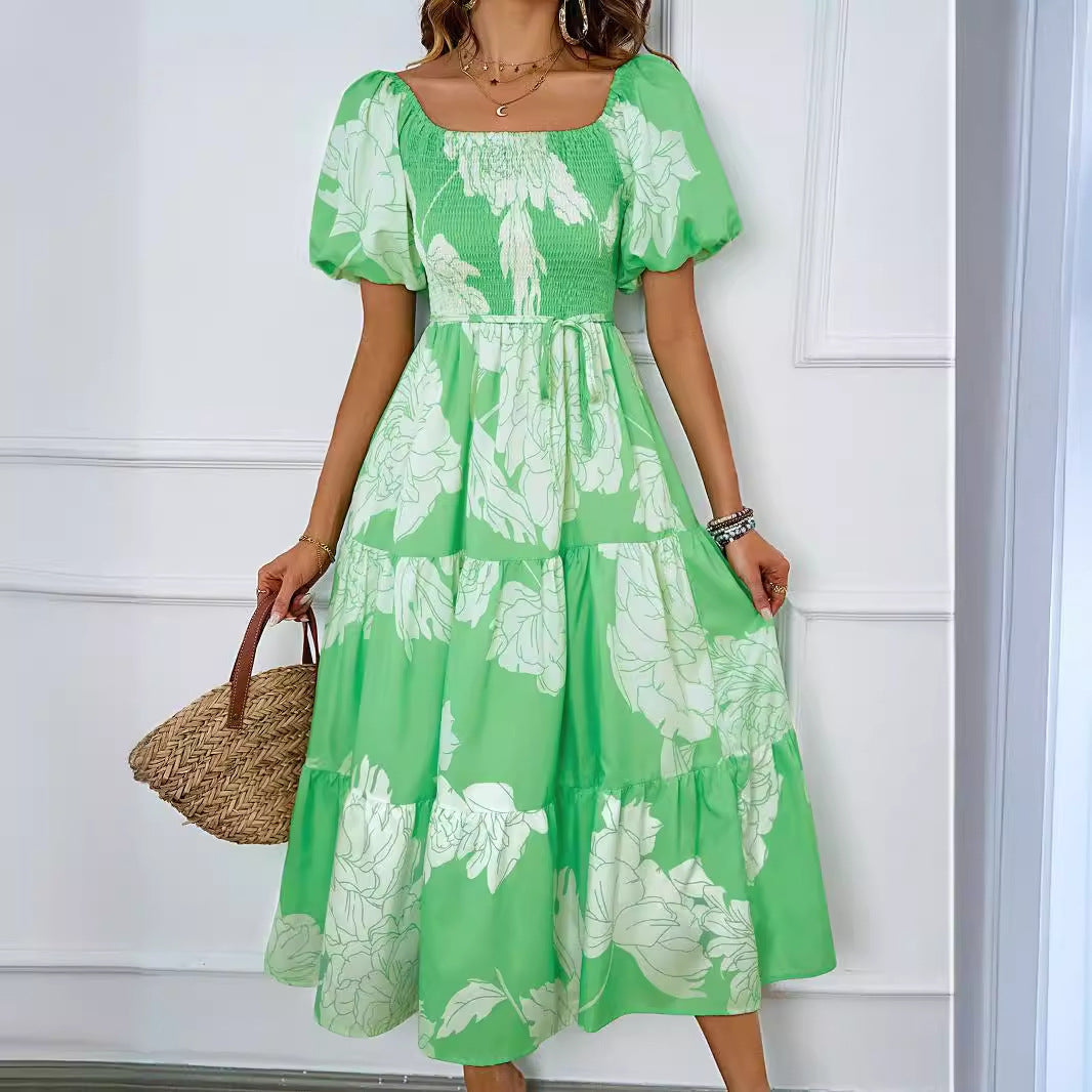Women’s Off-Shoulder Midi Dress – Puff Sleeve – Shirred Bodice – Tiered A-Line Fit
