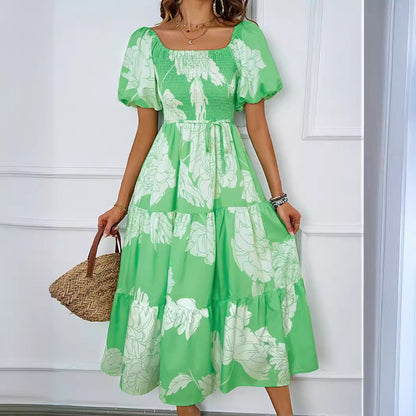 Women’s Off-Shoulder Midi Dress – Puff Sleeve – Shirred Bodice – Tiered A-Line Fit