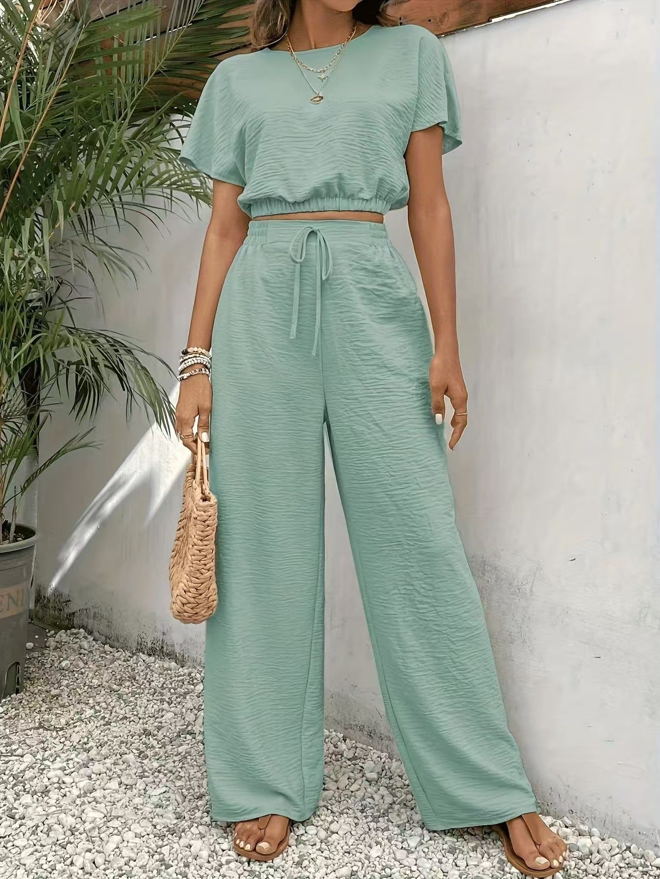 Women’s Two-Piece Set – Crop Top Batwing Sleeve – Wide-Leg Drawstring Trousers