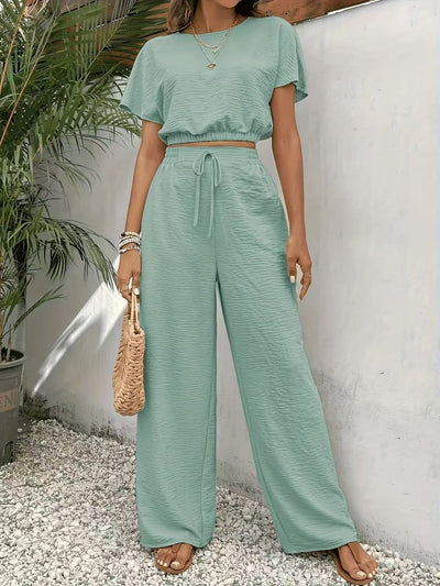 Women’s Two-Piece Set – Crop Top Batwing Sleeve – Wide-Leg Drawstring Trousers
