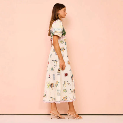 Women’s A-Line Dress – Full Length – Puff Sleeve – Fitted Bodice – Artistic Print