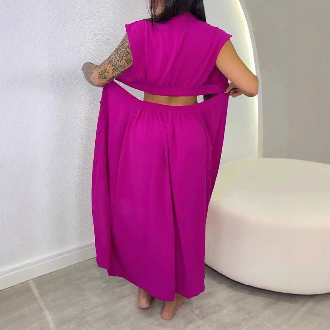 Women’s Midi Dress – Slim Fit – Cut-Out Waist – Stand Collar – Button Front – Sleeveless