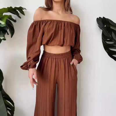 Women’s Two-Piece Set – Off-Shoulder Crop Top – Wide-Leg High-Waist Trousers – Lightweight Fabric