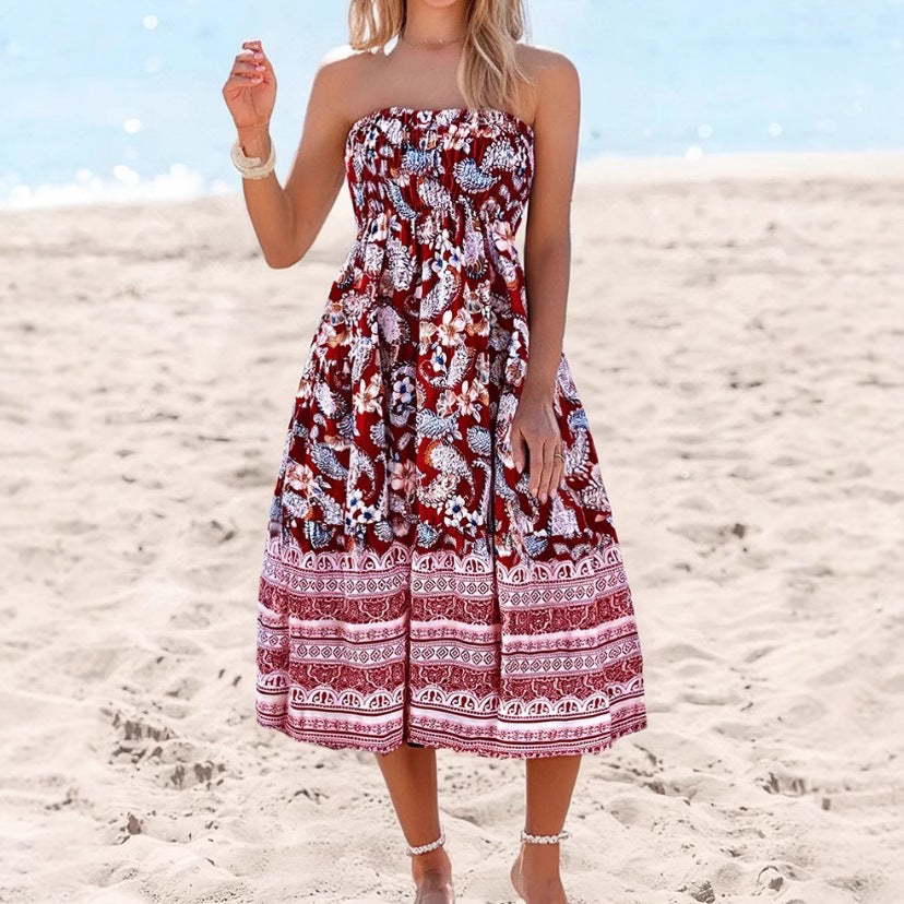 Women’s Strapless Dress – Cotton Blend – Flared Midi – Floral Print – Border Hem