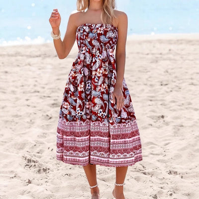 Women’s Strapless Dress – Cotton Blend – Flared Midi – Floral Print – Border Hem
