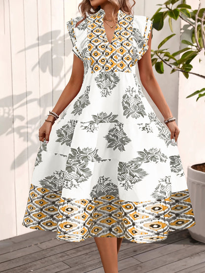Women’s Midi Dress – V-Neck – Relaxed Fit – Short Sleeve – Printed
