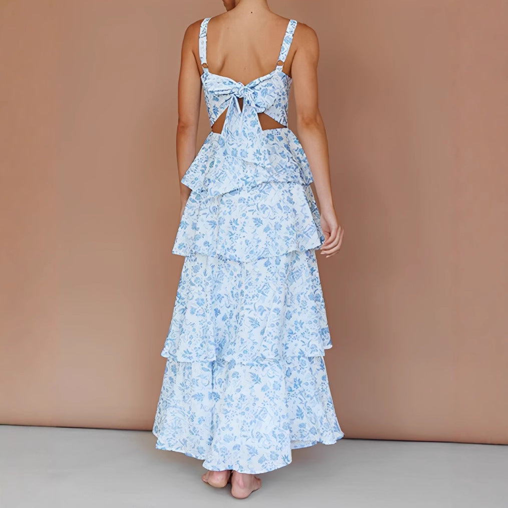 Women’s Midi Dress – A-Line Fit – Floral Print – Tiered – Sleeveless Strappy Style