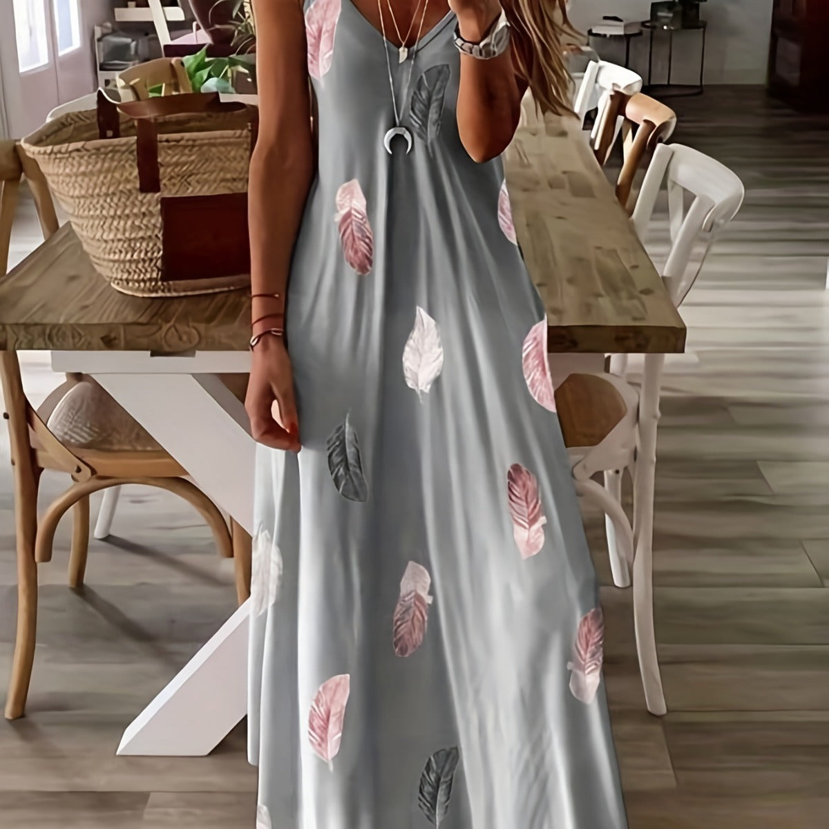 Women’s Maxi Dress – Leaf Print – Relaxed Fit – Sleeveless V-Neck – Breathable Blend