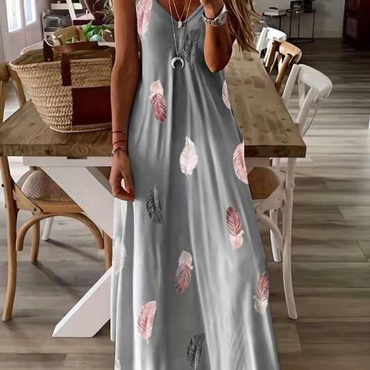 Women’s Maxi Dress – Leaf Print – Relaxed Fit – Sleeveless V-Neck – Breathable Blend