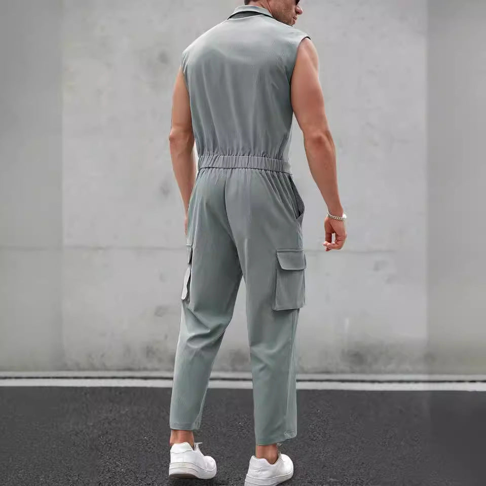 Men’s Jumpsuit – Slim Fit – Sleeveless Button-Up – Shirt Collar – Cargo Pockets