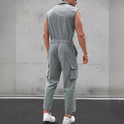 Men’s Jumpsuit – Slim Fit – Sleeveless Button-Up – Shirt Collar – Cargo Pockets