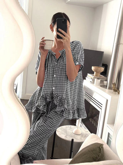 Women’s Matching Shirt and Pant Set – Lightweight Cotton – Relaxed Fit – Ruffle Trim