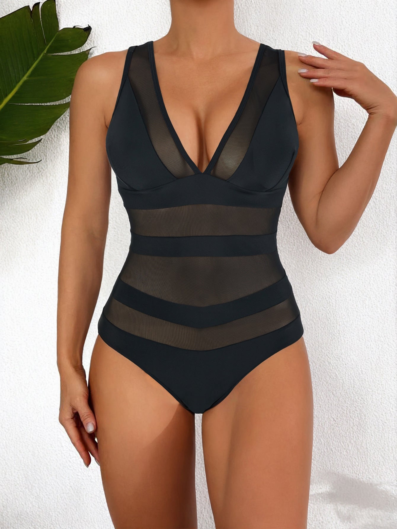 Women’s One-Piece Swimsuit – Form-Fitting – Mesh – Deep V-Neck – Sleek Finish