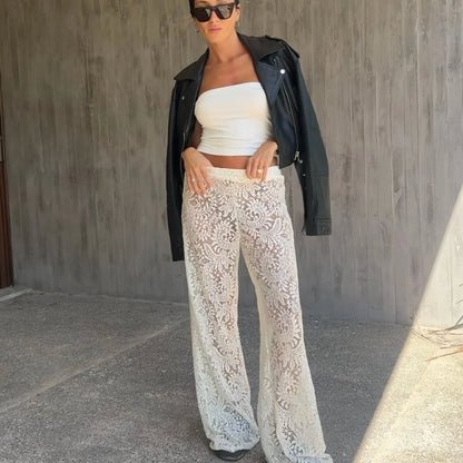 Women’s Wide-Leg Lace Trousers – Sheer Floral Design – Full Length – Elegant Fit
