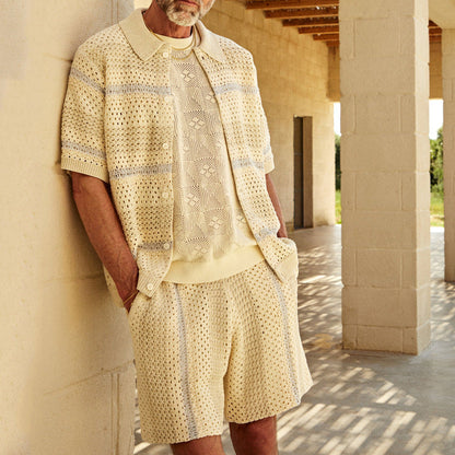 Men’s Cardigan and Shorts Set – Relaxed Fit – Open Knit – Breathable Casual Wear