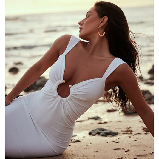Women’s Maxi Dress – Slim Fit – V-Neck Open Back – Cut-Out Front Slit Detail