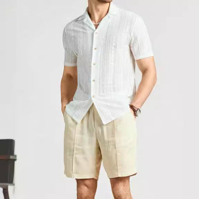 Men’s Short-Sleeved Shirt – Relaxed Fit – Lightweight Knit – Lace Openwork Button Down