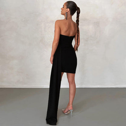 Women’s Mini Dress – Strapless Bodycon Fit – Satin Feel – Draped Waist Asymmetrical Hem