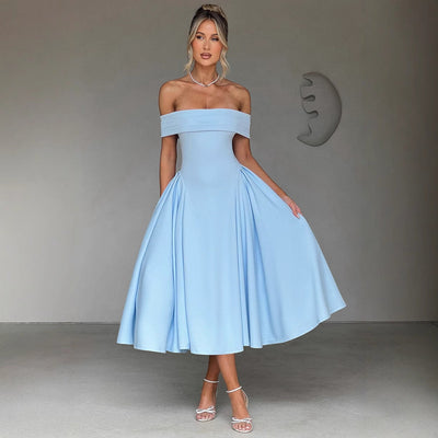 Women’s Midi Dress – Off Shoulder – A-Line Fit – Elegant Formal Evening Wear