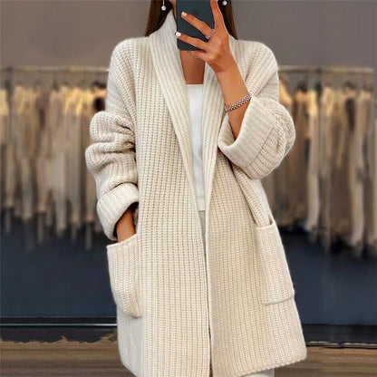 Women’s Cardigan – Oversized Fit – Thick Wool Blend – V-Neck – Ribbed – Long Sleeve – Pockets