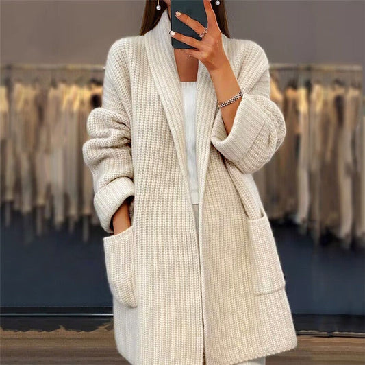 Women’s Cardigan – Oversized Fit – Thick Wool Blend – V-Neck – Ribbed – Long Sleeve – Pockets
