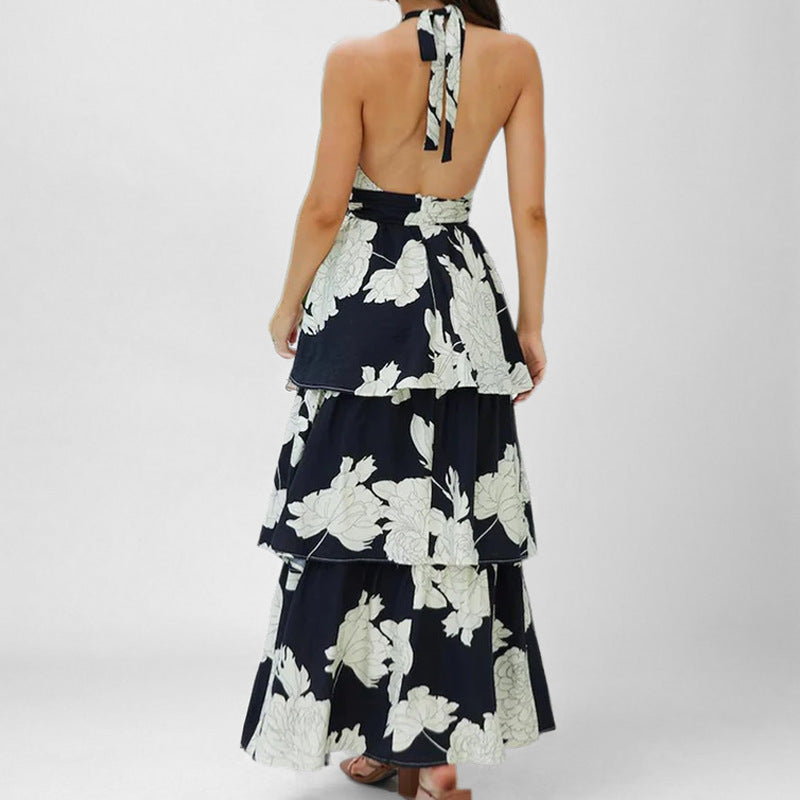 Women’s Maxi Dress – Halter Neck – Tiered A-Line – Keyhole Front – Flowy Chiffon