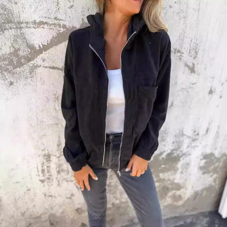 Women’s Hooded Jacket – Relaxed Fit – Ribbed Texture – Zip Front – Casual Style