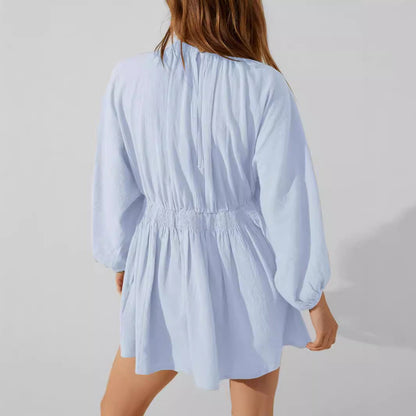 Women’s Mini Dress – Cotton Linen Blend – V-Neck – Long Sleeve – Relaxed Fit