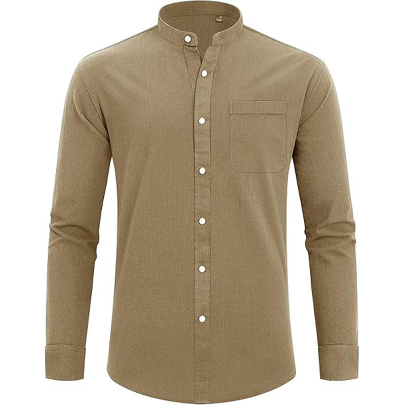 Men’s Button-Up Shirt – Relaxed Fit – Natural Fibers – Mandarin Collar – Long Sleeve