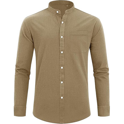 Men’s Button-Up Shirt – Relaxed Fit – Natural Fibers – Mandarin Collar – Long Sleeve