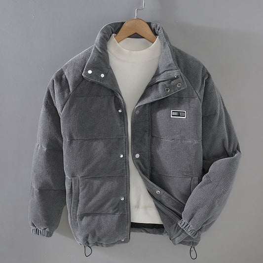 Men's corduroy puffer jacket with standard collar and snaps