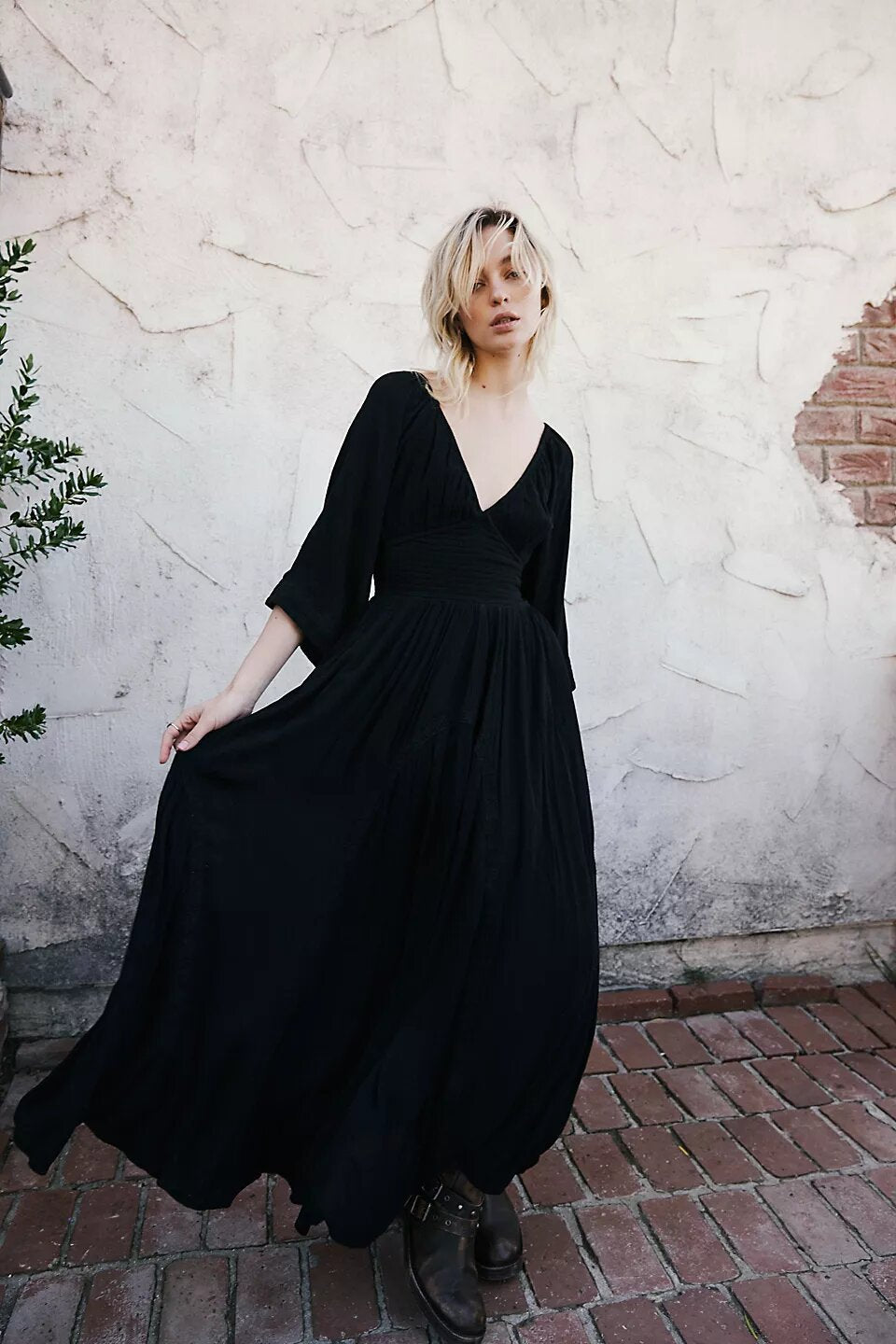 Women’s Maxi Dress – Cotton Blend – Relaxed Fit – V-Neck – Empire Waist – Boho Style