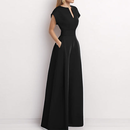Women’s Jumpsuit – Lightweight Fabric – V-Neck – Short Sleeve – Wide Leg – Full Length