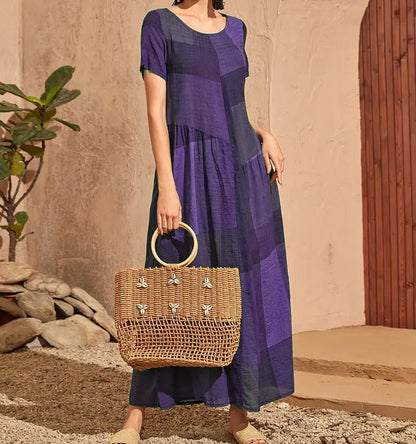 Women’s Long Dress – A-Line Loose Fit – Cotton – Plaid Print – Short Sleeve Casual