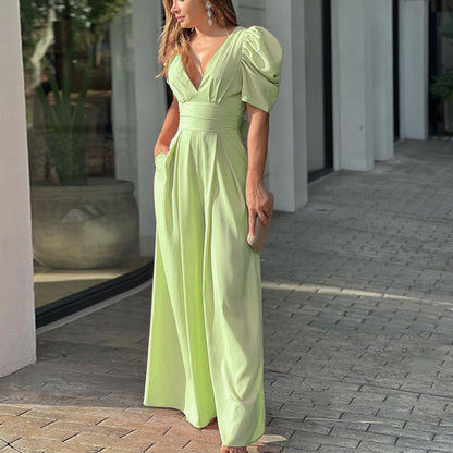 Women’s Jumpsuit – Wide Leg – Puff Sleeve – V-Neck – Cinched Waist – Full Length
