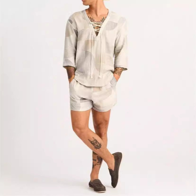 Men’s Shirt and Shorts Set – Lace-Up Neck – Relaxed Fit – Breathable Cotton Blend