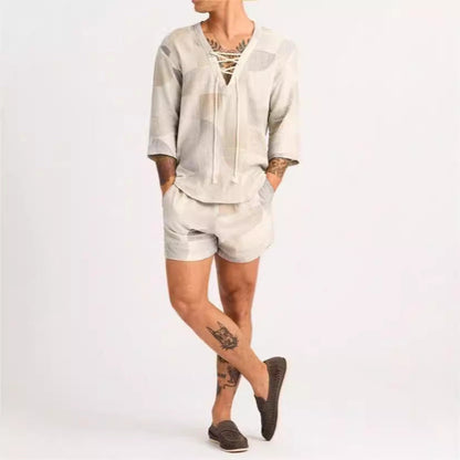 Men’s Shirt and Shorts Set – Lace-Up Neck – Relaxed Fit – Breathable Cotton Blend