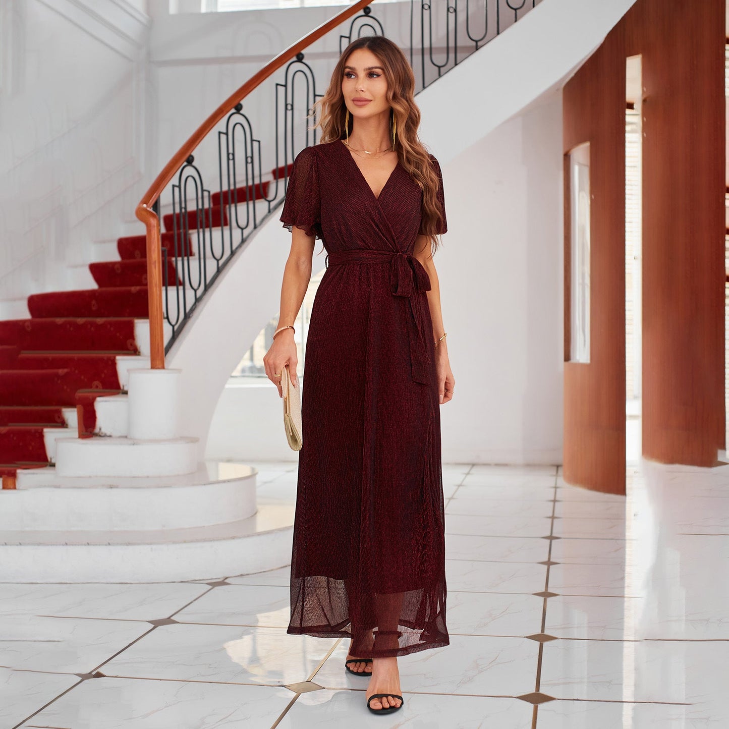 Women’s Maxi Dress – Wrap Style – Tie Waist – Flutter Sleeve – V-Neck Side Slit