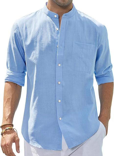 Men’s Button-Up Shirt – Relaxed Fit – Natural Fibers – Mandarin Collar – Long Sleeve