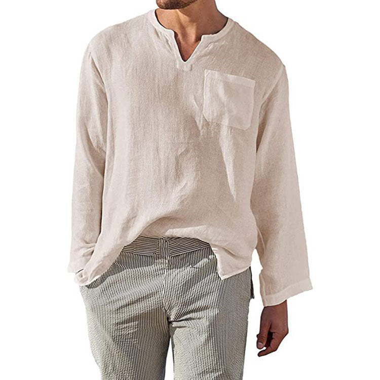 Men’s Long Sleeve Shirt – Linen Cotton Blend – Relaxed Fit – Band Collar Casual